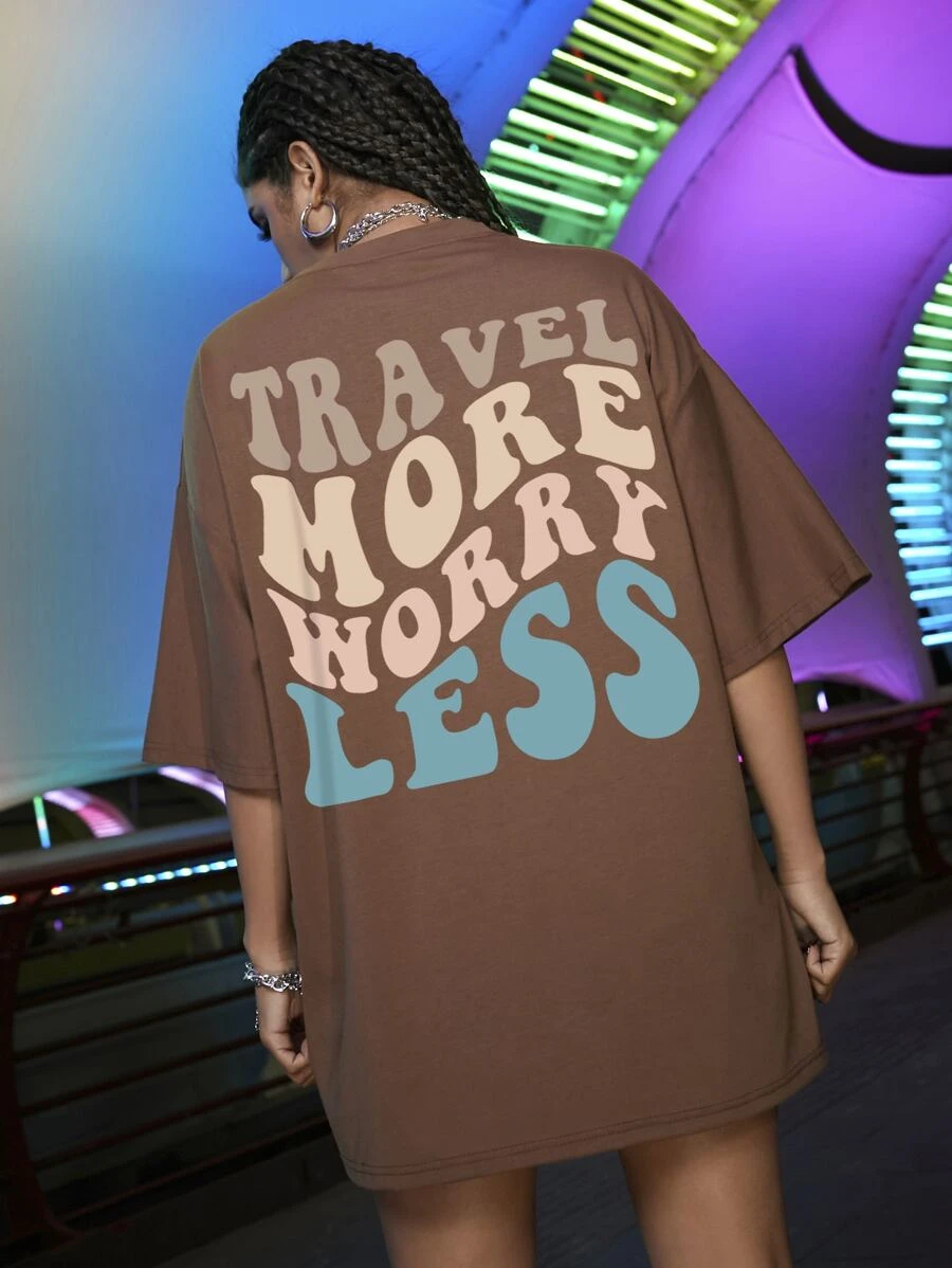 SHEIN Unity Slogan Graphic Drop Shoulder Oversized Tee - Coffee Brown - View 1
