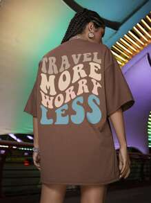 SHEIN Unity Slogan Graphic Drop Shoulder Oversized Tee - Coffee Brown - View 2
