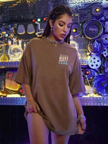 SHEIN Unity Slogan Graphic Drop Shoulder Oversized Tee - Coffee Brown - View 3