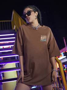 SHEIN Unity Slogan Graphic Drop Shoulder Oversized Tee - Coffee Brown - View 4