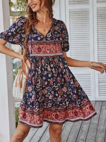 Breezaya Floral Print Tie Neck Puff Sleeve Ruffle Hem Smock Dress Boho Dress - Multicolor - View 1