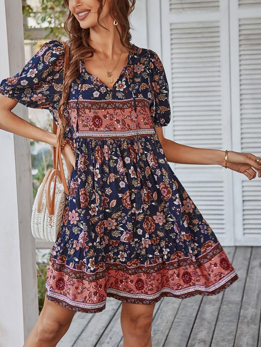 Breezaya Floral Print Tie Neck Puff Sleeve Ruffle Hem Smock Dress Boho Dress - Multicolor - View 1