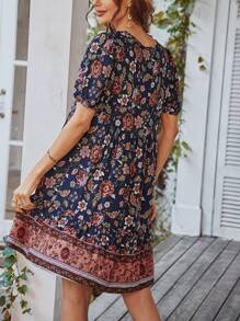 Breezaya Floral Print Tie Neck Puff Sleeve Ruffle Hem Smock Dress Boho Dress - Multicolor - View 2