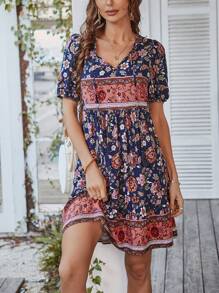 Breezaya Floral Print Tie Neck Puff Sleeve Ruffle Hem Smock Dress Boho Dress - Multicolor - View 3