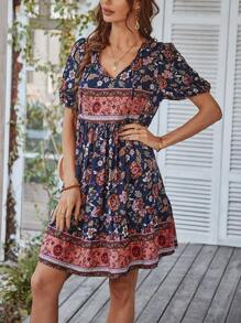 Breezaya Floral Print Tie Neck Puff Sleeve Ruffle Hem Smock Dress Boho Dress - Multicolor - View 5