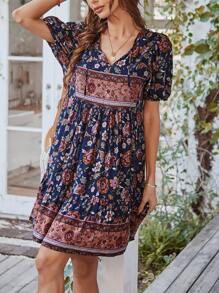 Breezaya Floral Print Tie Neck Puff Sleeve Ruffle Hem Smock Dress Boho Dress - Multicolor - View 6