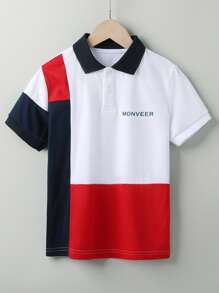 SHEIN Tween-Jungen Poloshirt mit Farbblockdesign, Stehkragen, kurze Ärmel