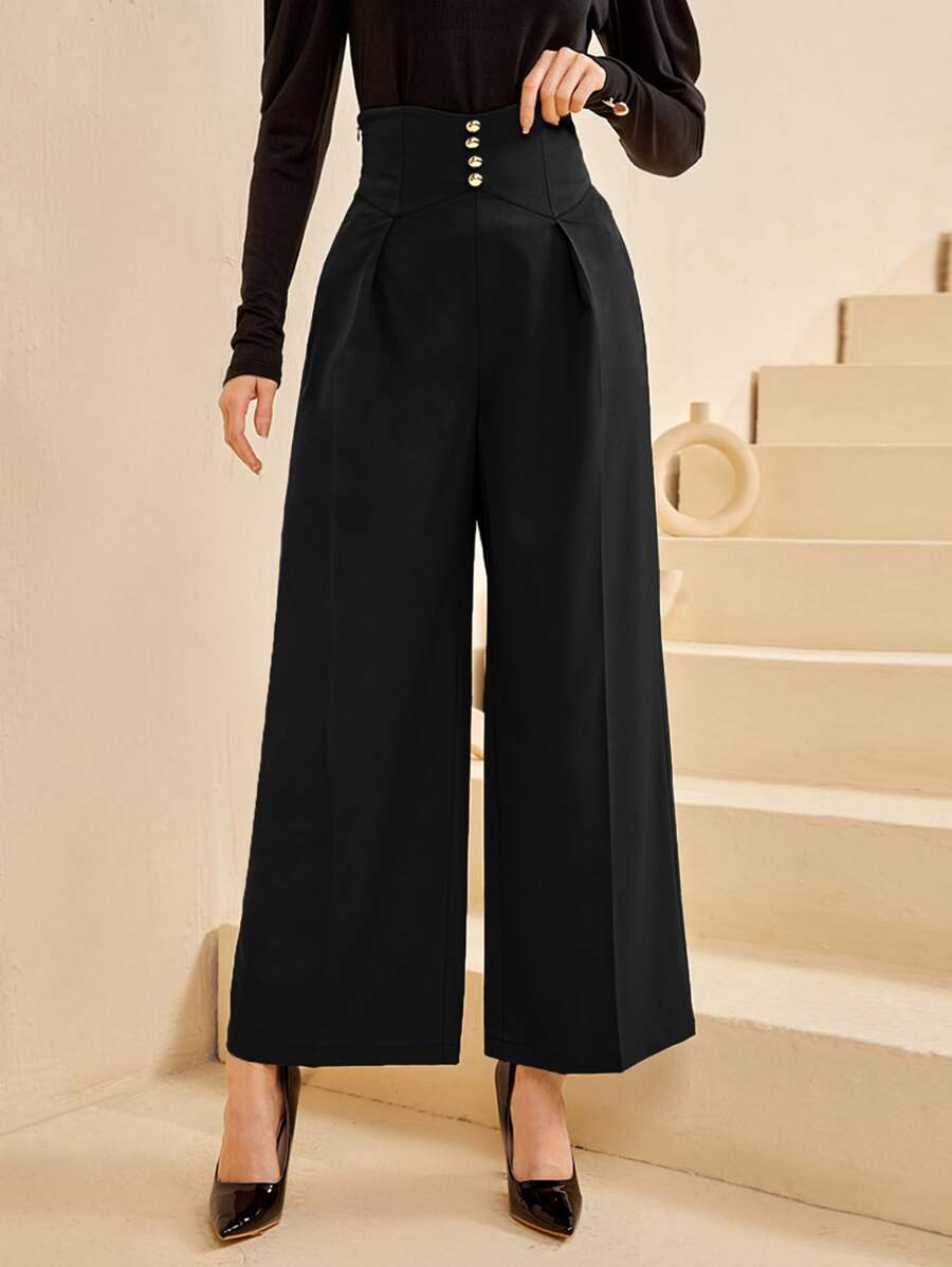 Modelyn Quần ống rộng cạp cao màu vàng nguyên khối có nút cài phía trước màu vàng - màu đen - Xem 1