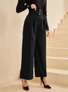 Modelyn Quần ống rộng cạp cao màu vàng nguyên khối có nút cài phía trước màu vàng - màu đen - Xem 3