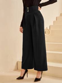 Modelyn Quần ống rộng cạp cao màu vàng nguyên khối có nút cài phía trước màu vàng - màu đen - Xem 5