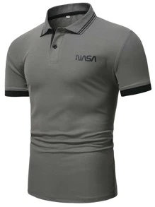 ROMWE MEN Prep 男士字母圖案短袖polo恤 - 灰色 - 查看 1