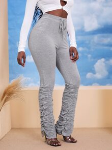 SHEIN SXY Drawstring Waist Stacked Hem Trousers - Light Grey - View 4