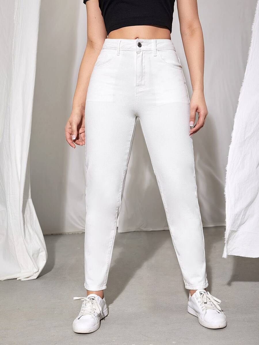 SHEIN EZwear High Waist Straight Leg Jeans - White - View 1