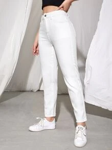 SHEIN EZwear High Waist Straight Leg Jeans - White - View 3