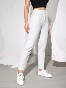 SHEIN EZwear High Waist Straight Leg Jeans - White - View 4