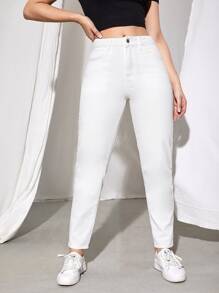 SHEIN EZwear High Waist Straight Leg Jeans - White - View 6