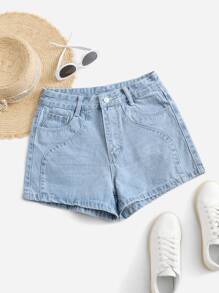 拉鏈門襟直筒牛仔短褲 - 淺色水洗藍 - 查看 1