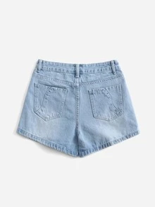 拉鏈門襟直筒牛仔短褲 - 淺色水洗藍 - 查看 2