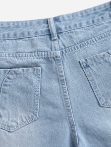 拉鏈門襟直筒牛仔短褲 - 淺色水洗藍 - 查看 3