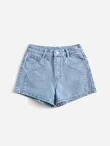 拉鏈門襟直筒牛仔短褲 - 淺色水洗藍 - 查看 5