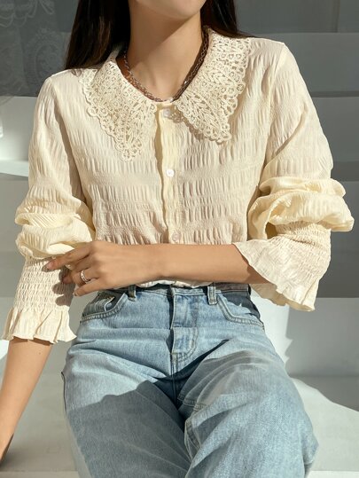 DAZY ギピュールレースインサート シャーリングカフ フラウンススリーブ ブラウス