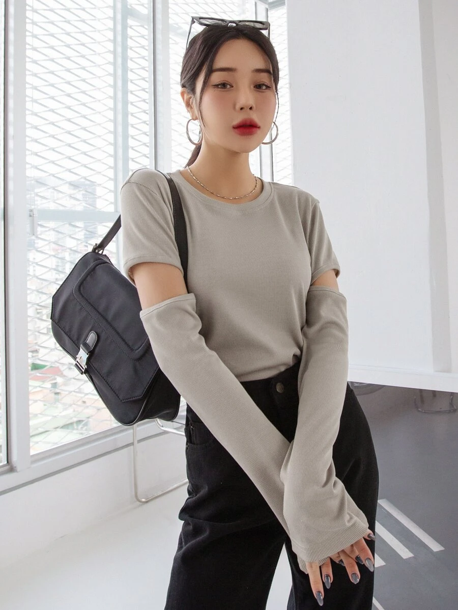 DAZY Maglietta a costine con taglio, abbigliamento autunnale - Grigio - Visualizzare 1