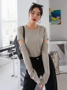 DAZY Maglietta a costine con taglio, abbigliamento autunnale - Grigio - Visualizzare 4