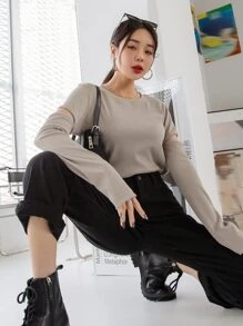 DAZY Maglietta a costine con taglio, abbigliamento autunnale - Grigio - Visualizzare 7