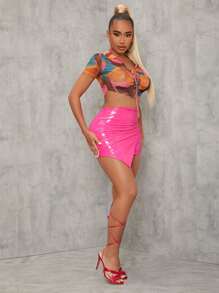 SHEIN SXY 不對稱下擺包臀半身裙 - 玫紅色 - 查看 3