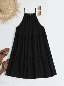 Breezaya Plus Solid Frill Trim Cami Dress - Black - View 1