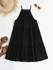 Breezaya Plus Solid Frill Trim Cami Dress - Black - View 2