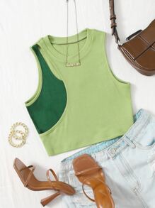SHEIN EZwear 條紋針織撞色短款背心 - 青檸色 - 查看 1