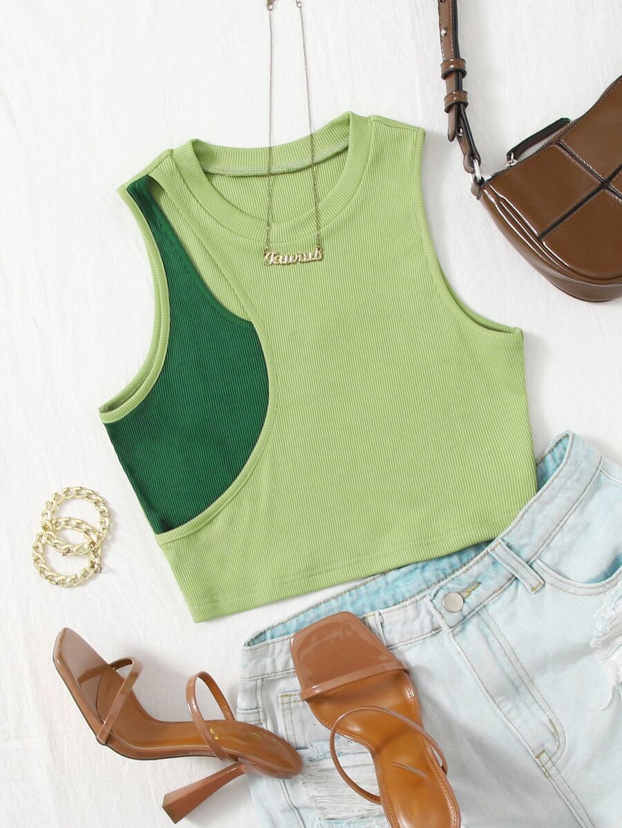 SHEIN EZwear 條紋針織撞色短款背心 - 青檸色 - 查看 1