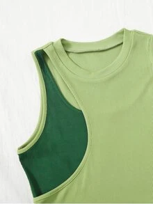 SHEIN EZwear 條紋針織撞色短款背心 - 青檸色 - 查看 4