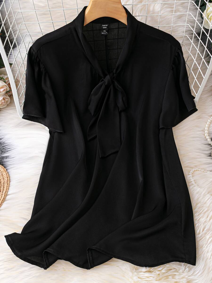 SHEIN Unity Plus Tie Neck Butterfly Sleeve Blouse - Black - View 1