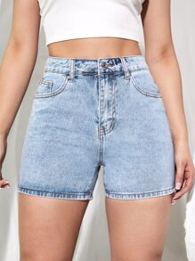 SHEIN Essnce High Waist Light Washed Denim Shorts - Light Wash - View 2