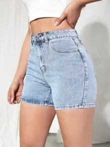 SHEIN Essnce High Waist Light Washed Denim Shorts - Light Wash - View 6