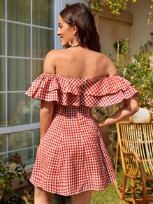 Soleia 格子圖案荷葉邊一字肩洋裝