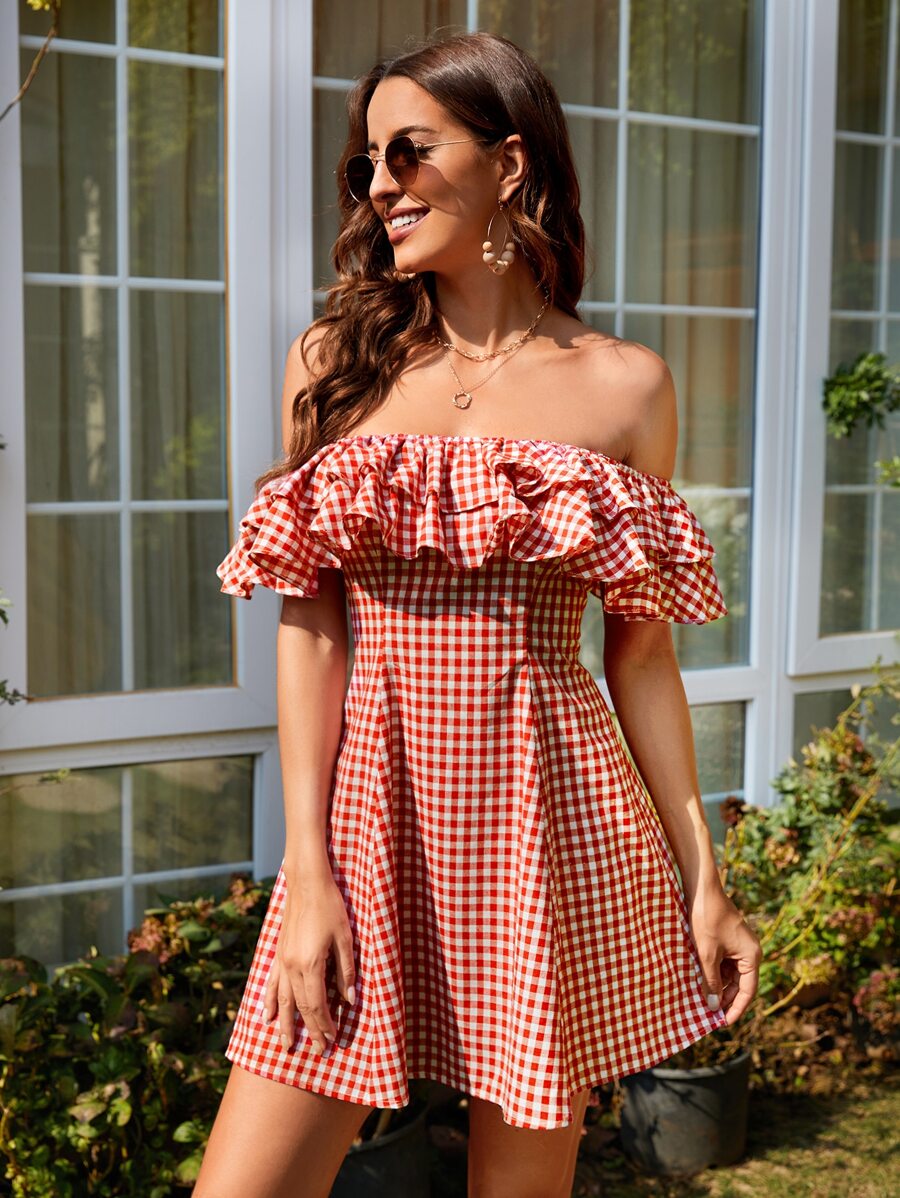 Soleia 格子圖案荷葉邊一字肩洋裝