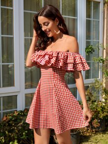 Soleia 格子圖案荷葉邊一字肩洋裝