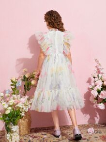 SHEIN Niñas Vestido de malla con estampado floral ribete con fruncido - Multicolor - Ver 3