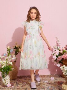 SHEIN Niñas Vestido de malla con estampado floral ribete con fruncido - Multicolor - Ver 5