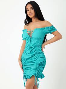 SHEIN SXY 素色褶邊繫帶褶邊連衣裙 - 薄荷藍 - 查看 4