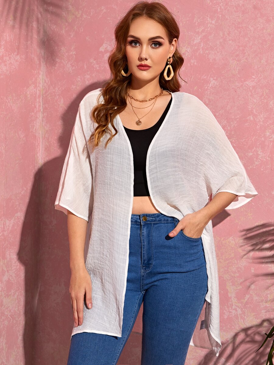Plus Solid Open Front Kimono - White - View 1