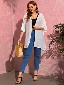 Plus Solid Open Front Kimono - White - View 4