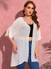 Plus Solid Open Front Kimono - White - View 5
