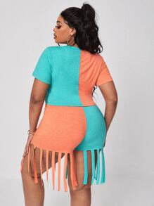 Slaydiva Plus Two Tone Crop Tee & Fringe Hem Shorts - Multicolor - View 2