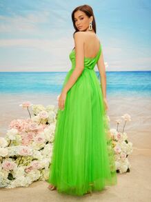 SHEIN Belle Neon Green One Shoulder Mesh Dress - Lime Green - View 2