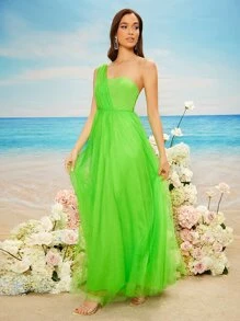 SHEIN Belle Neon Green One Shoulder Mesh Dress - Lime Green - View 4