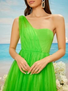 SHEIN Belle Neon Green One Shoulder Mesh Dress - Lime Green - View 5